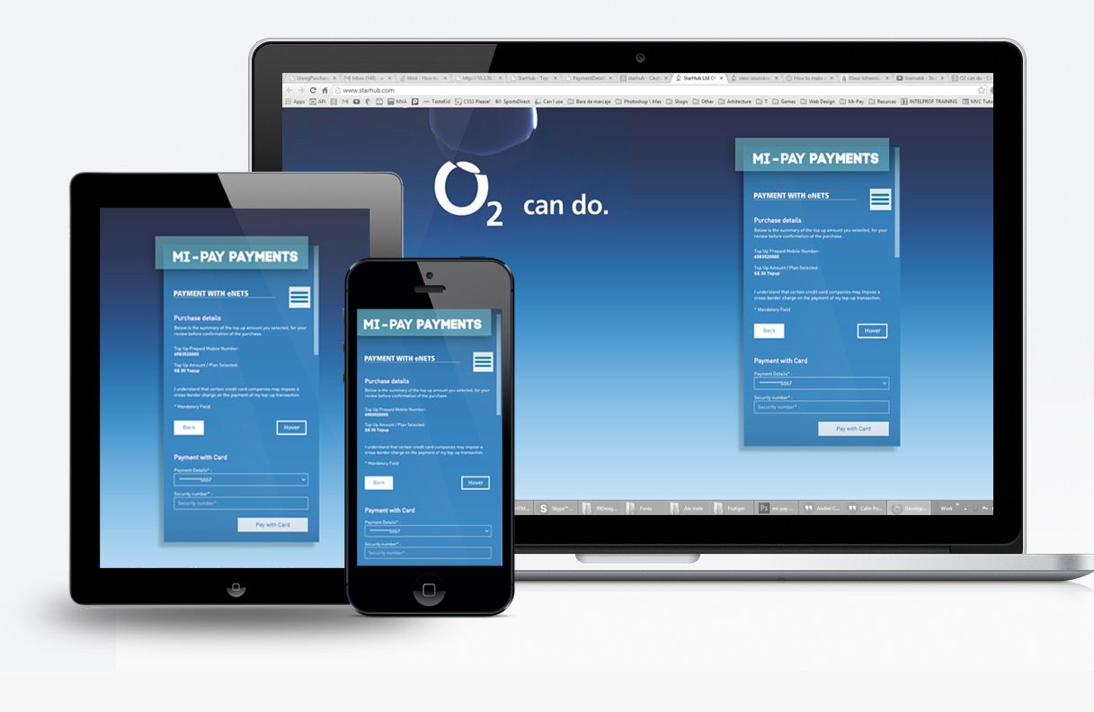 O2 and StarHub payment screens on laptop, tablet and phone